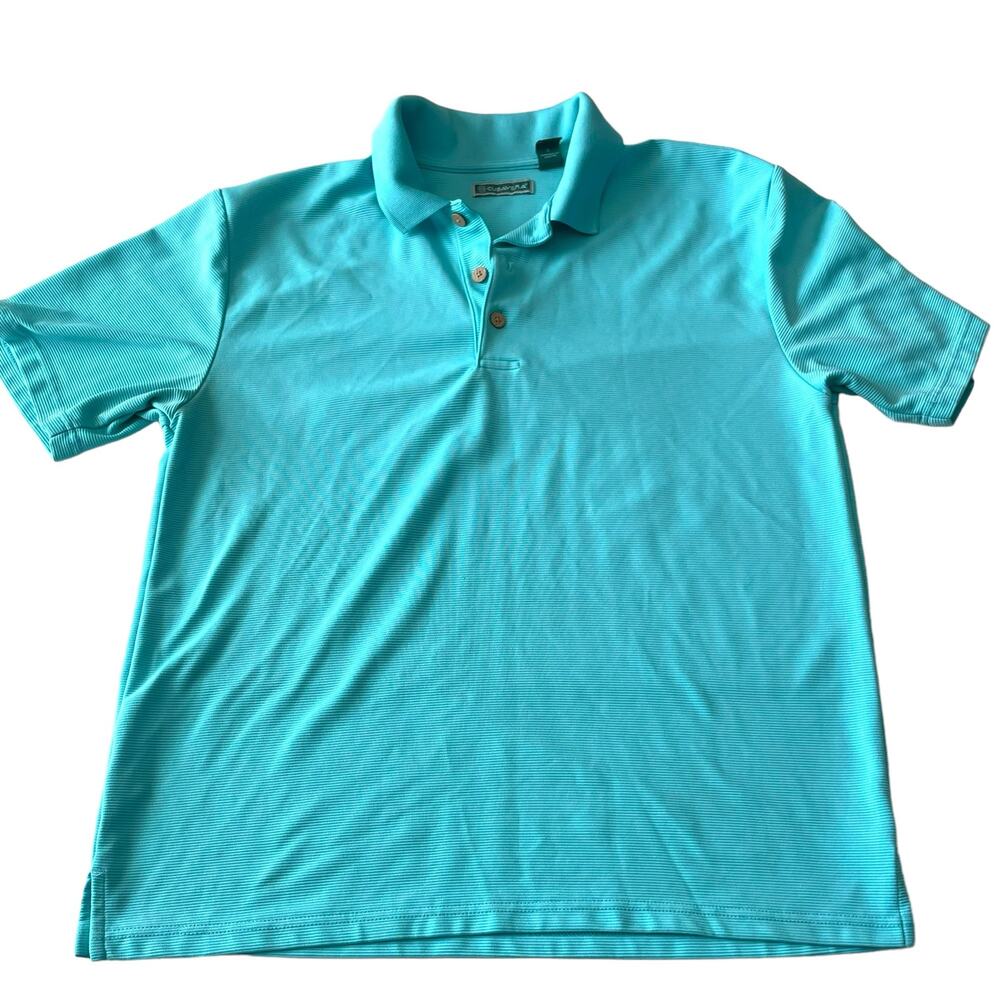 Cubavera Mens Shirt Size Large Solid Texture Polo Short Sleeve Blue Curacoa